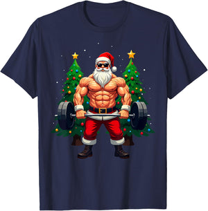 Muscle Santa Weightlifter Christmas Powerlifting Xmas Gym T-Shirt - T-Shirt | Navy