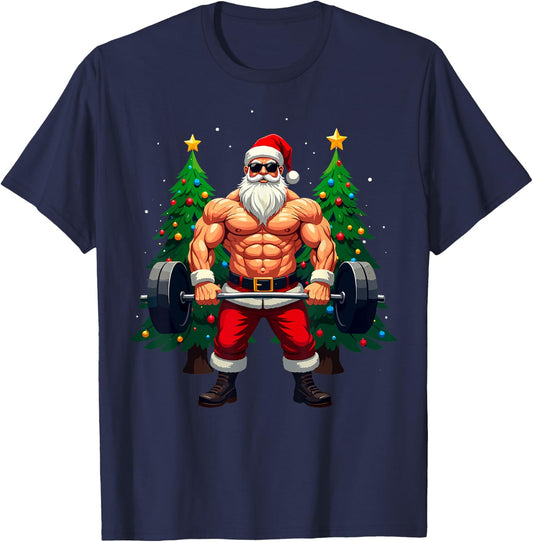 Muscle Santa Weightlifter Christmas Powerlifting Xmas Gym T-Shirt - T-Shirt | Navy