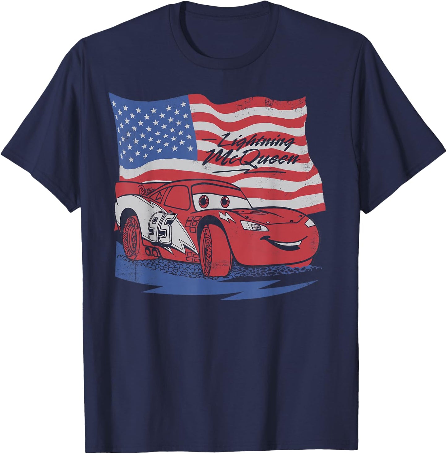 Disney Pixar Cars US Flag Lightning McQueen Retro T-Shirt - T-Shirt | Navy
