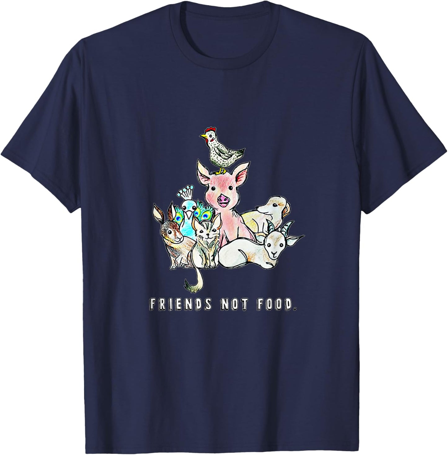 Animals are Friends not Food Pig Cow Sheep Vegan Vegetarian T-Shirt - T-Shirt | Navy