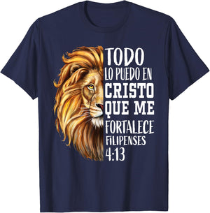 Christian Gift Men Spanish Filipenses 4:13 Verses Lion Judah T-Shirt - T-Shirt | Navy