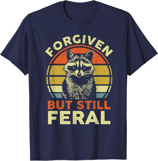 Retro Forgiven But Still Feral Raccoon Vintage Saying T-Shirt - T-Shirt | Navy