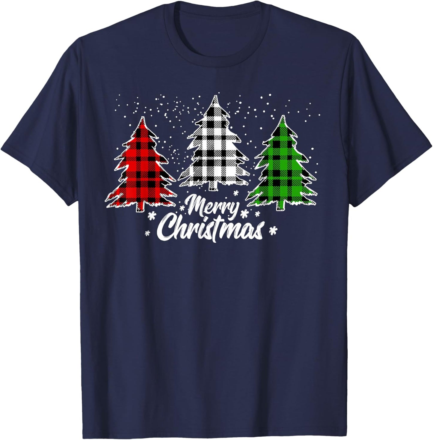 Merry Christmas Tree Xmas Buffalo Plaid Red White Green T-Shirt - T-Shirt | Navy