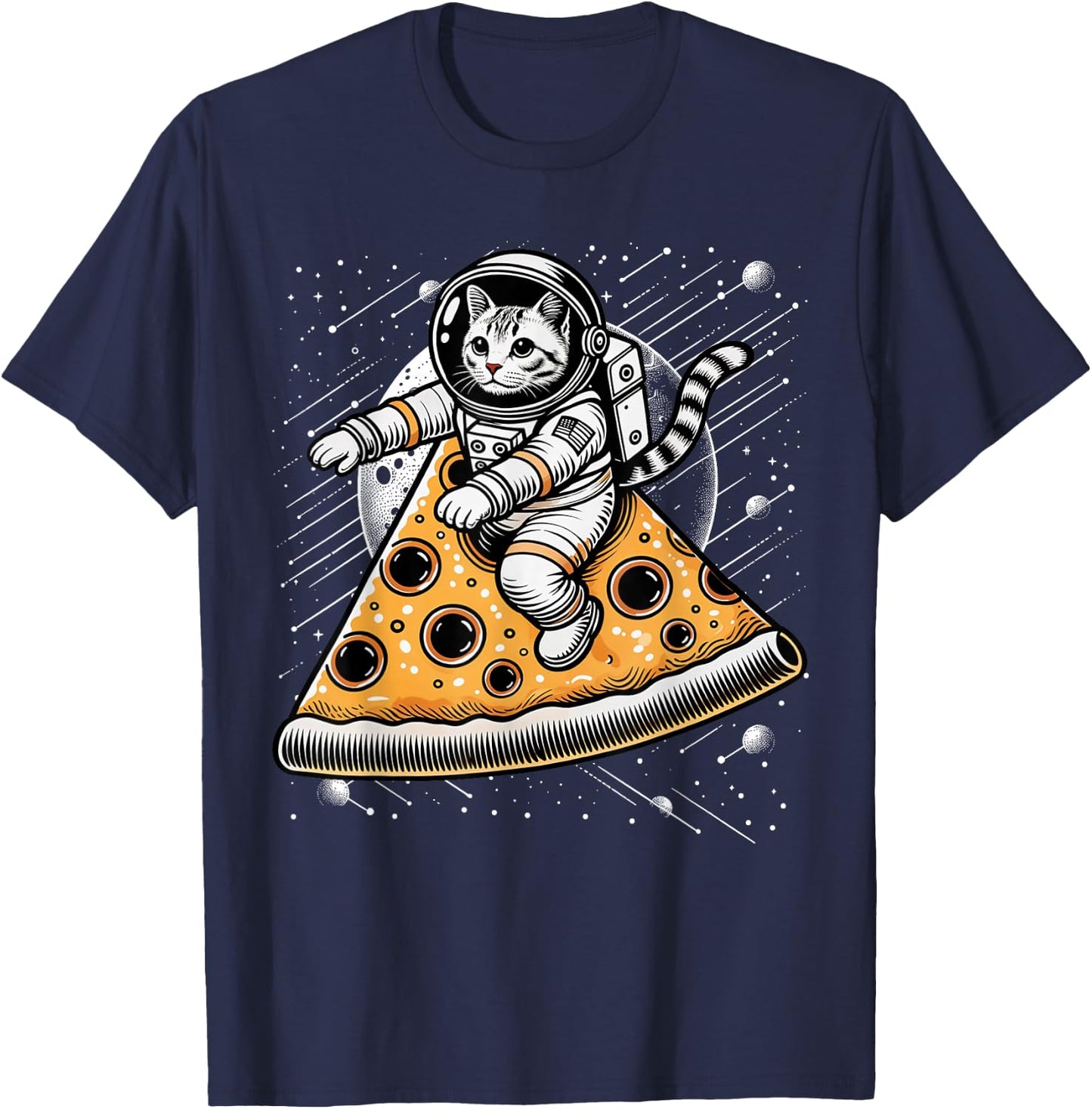 Funny Cat Flying A Pizza Astronaut Kitten Space T-Shirt - T-Shirt | Navy