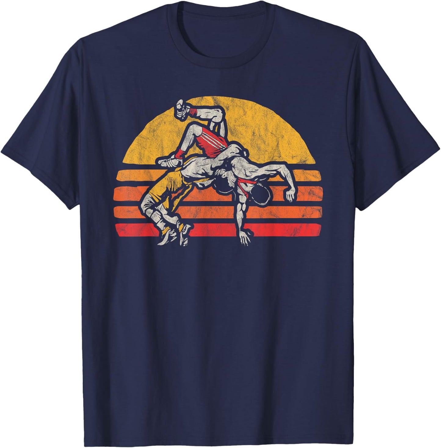 Vintage Wrestling Graphic Two Wrestlers and Sun T-Shirt - T-Shirt | Navy