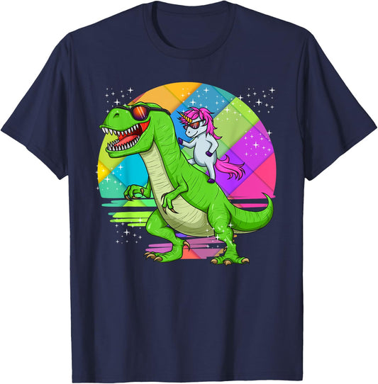 Unicorn Riding Dinosaur T Rex Rainbow Cute Fun Gift T-Shirt - T-Shirt | Navy