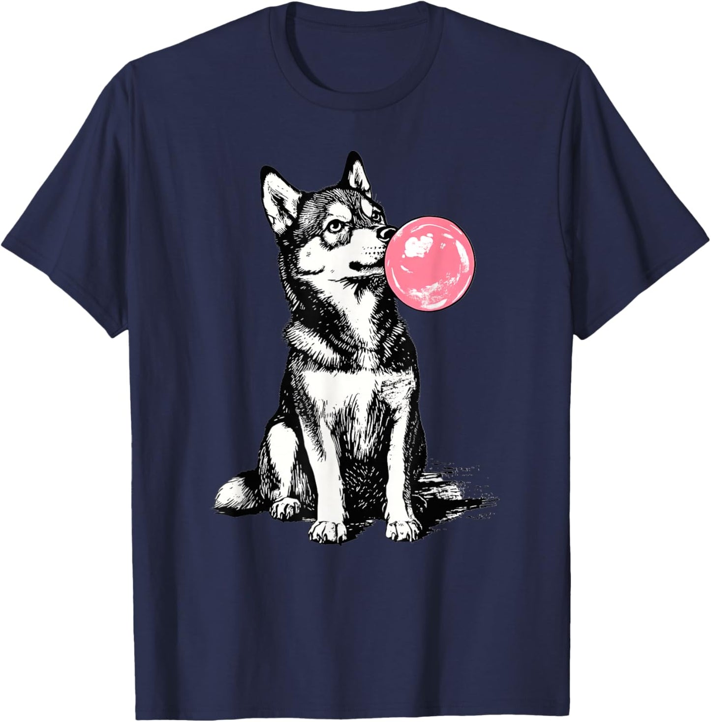 Vintage Husky Blowing Bubble Dog Dad Mom Owner T-Shirt - T-Shirt | Navy