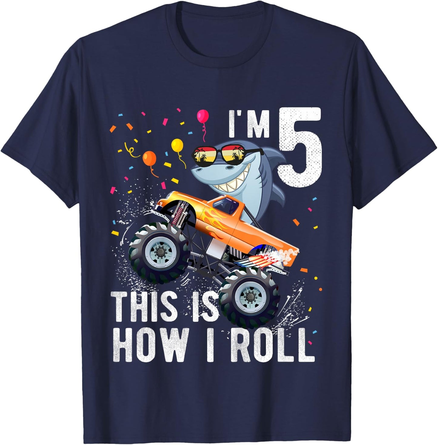 Shark Monster Truck 5th Birthday Boys and Girls T-Shirt - T-Shirt | Navy