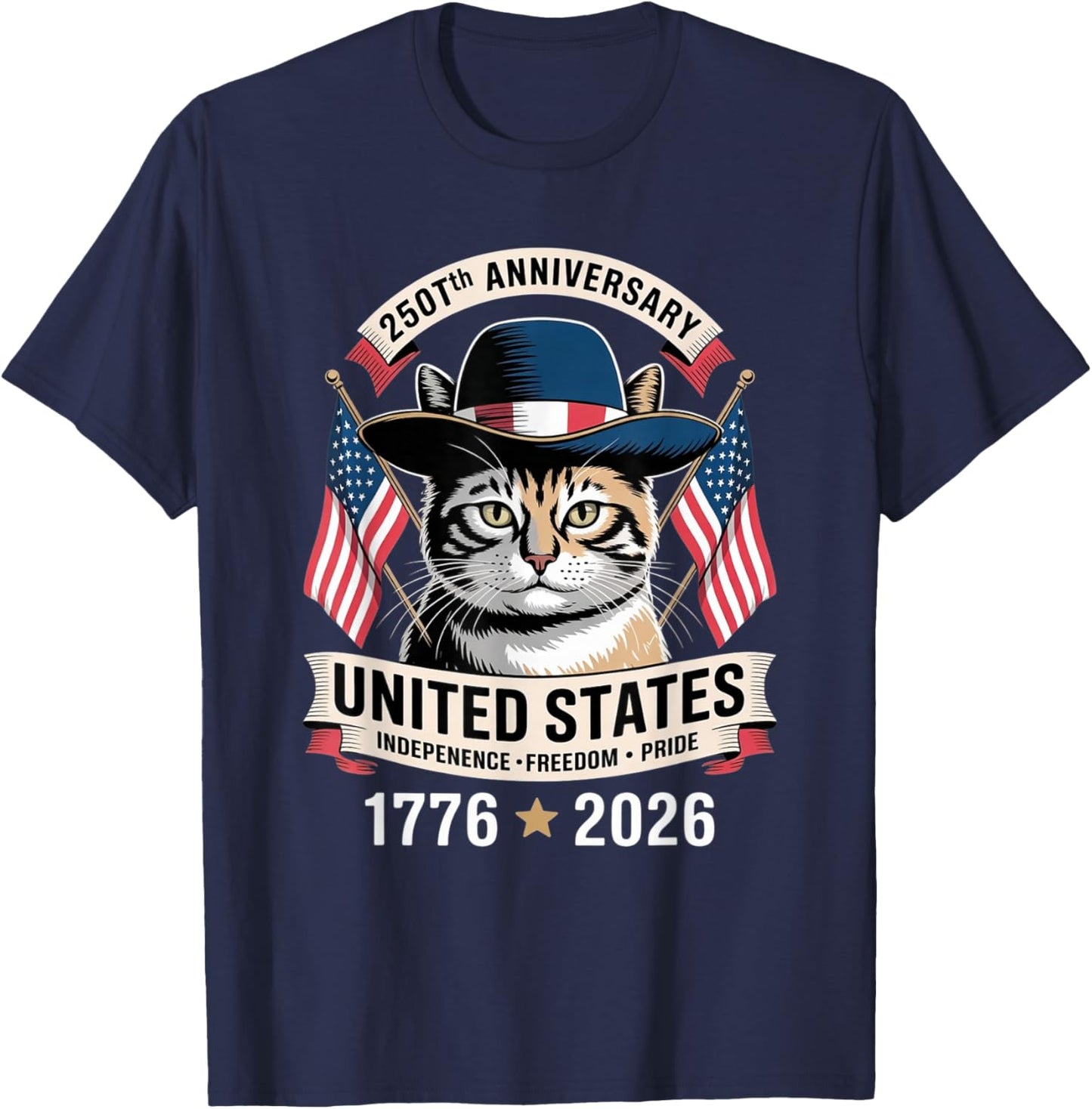 250th Anniversary America Patriotic USA Cat - 4th of July T-Shirt - T-Shirt | Navy