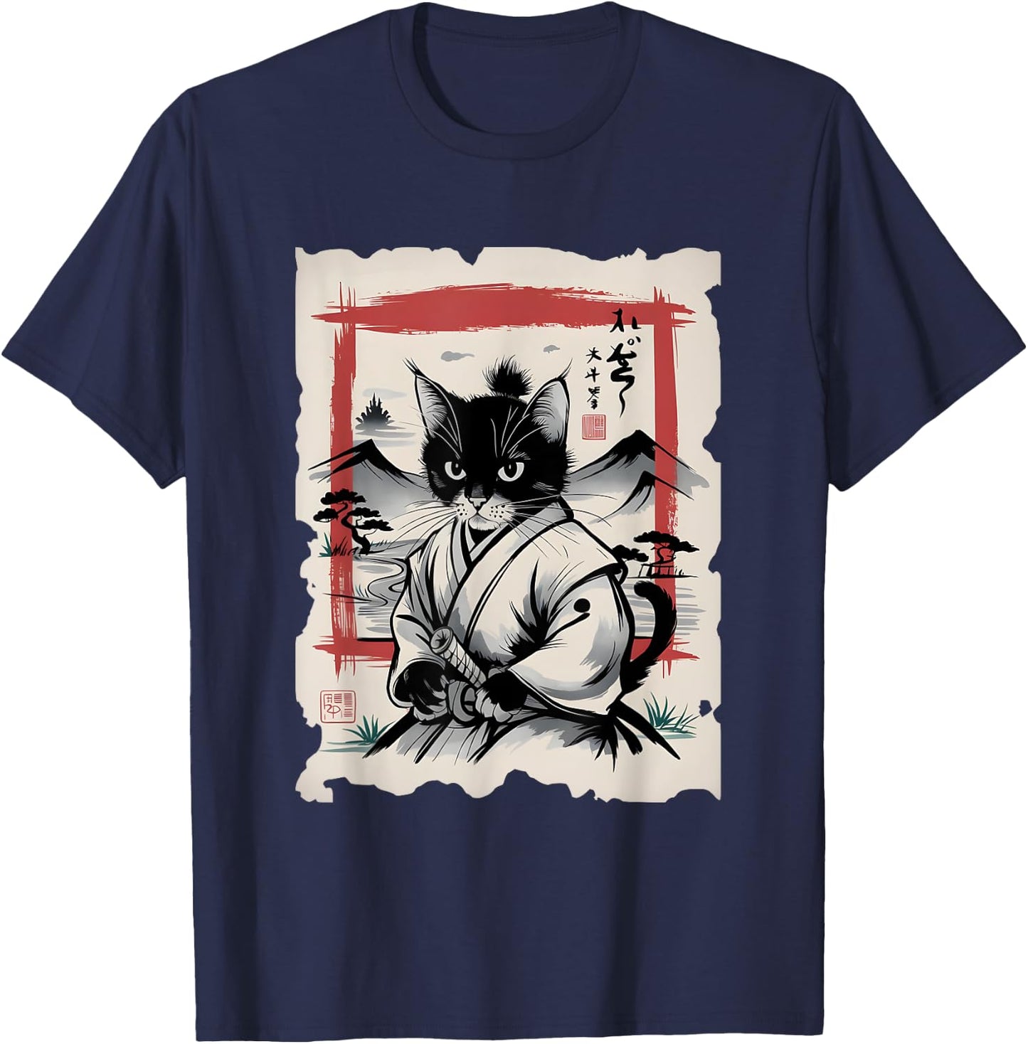 Samurai Cat Sumi-e Graphic - Vintage Warrior Japanese Art Men Women Girls Kids T-Shirt - T-Shirt | Navy