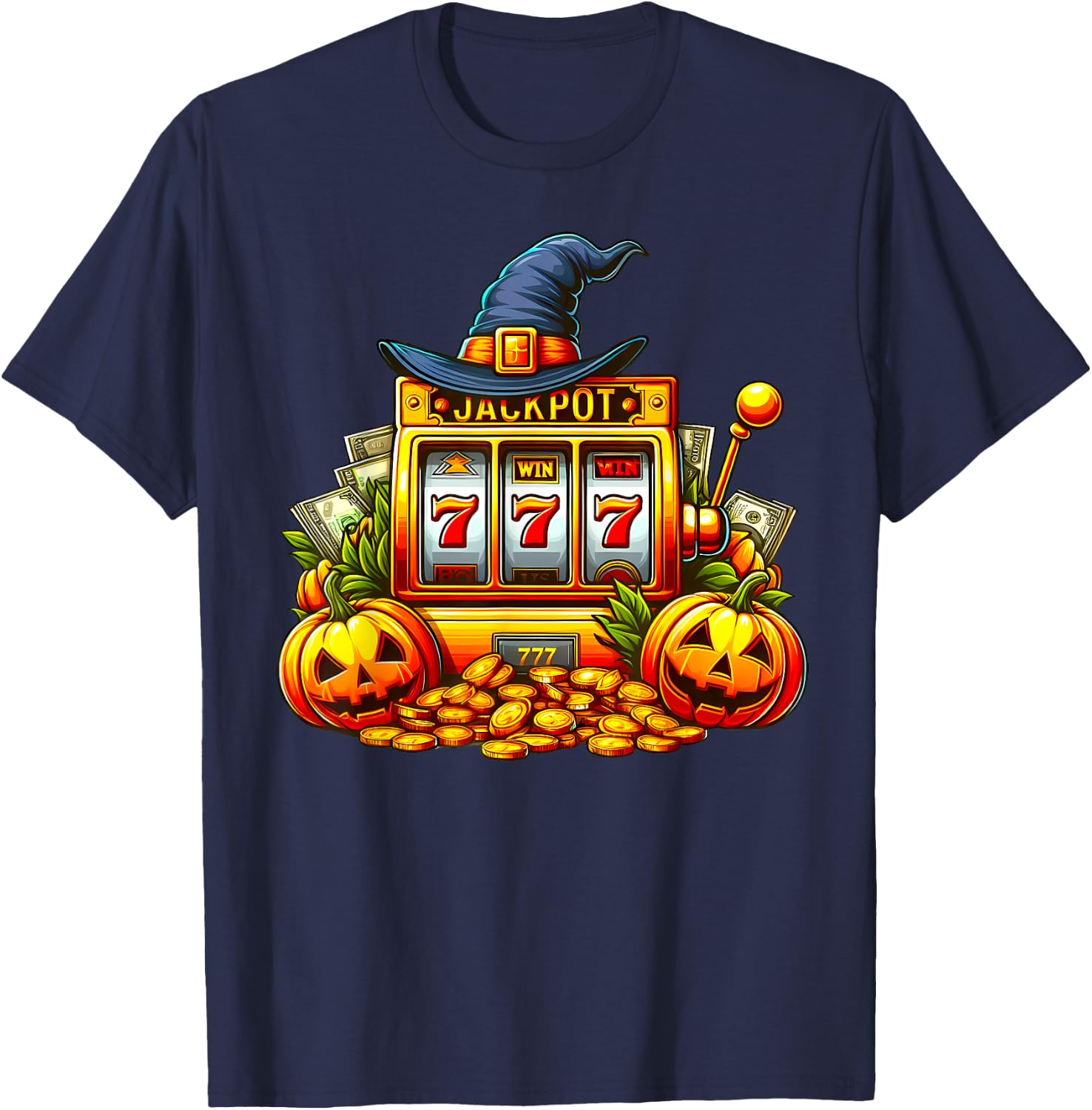 Halloween Slot Machine Casino Money Winner Pumpkins Jackpot T-Shirt - T-Shirt | Navy