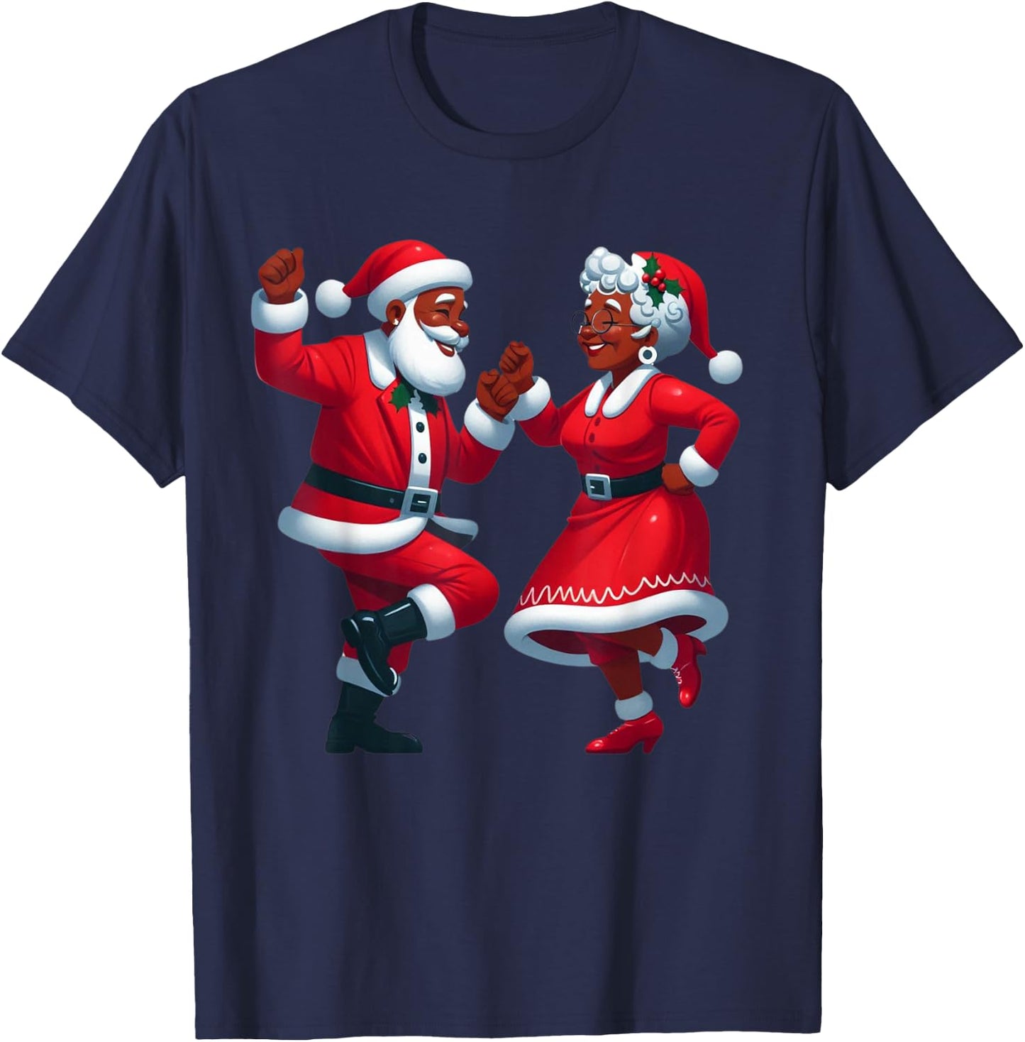 Christmas Dancing Black African American Santa Mrs Claus T-Shirt - T-Shirt | Navy