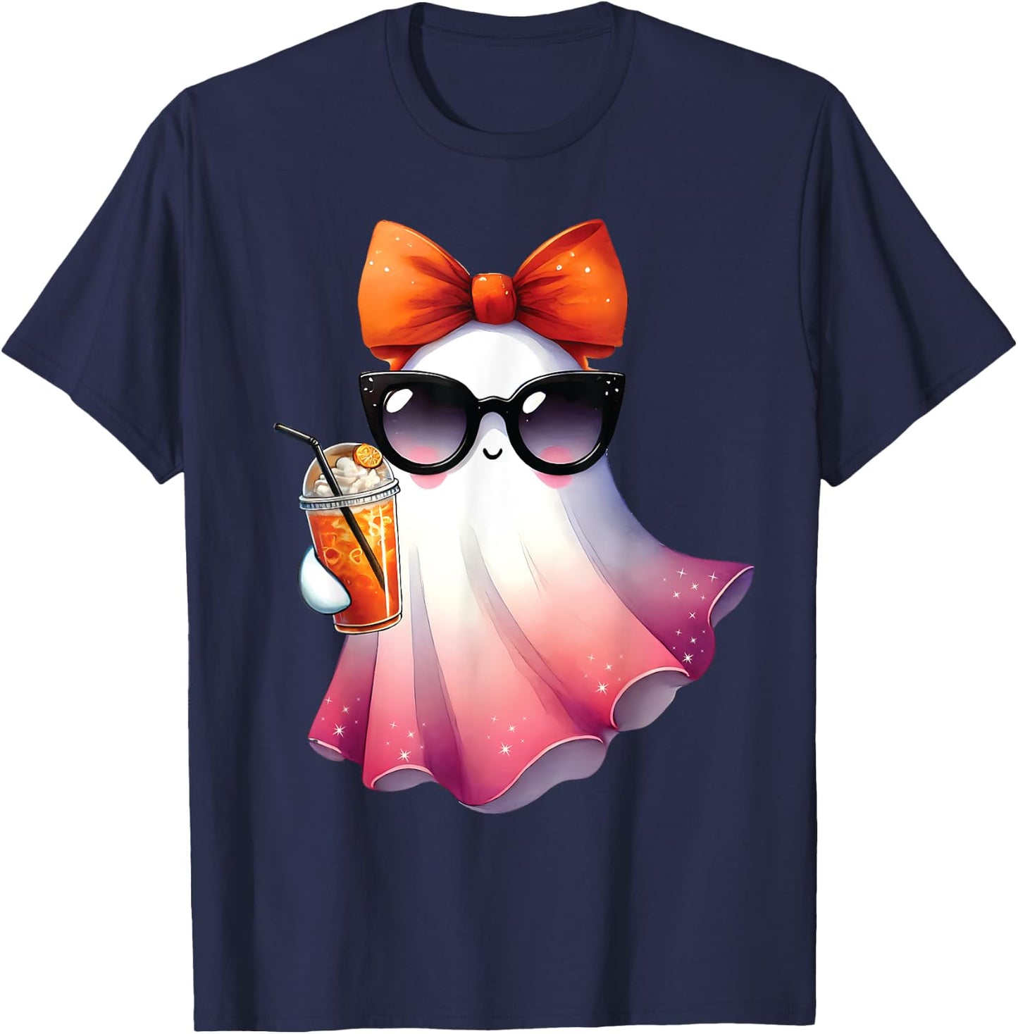 Cute Ghost Drinking Coffee With Halloween Bow Girls T-Shirt - T-Shirt | Navy
