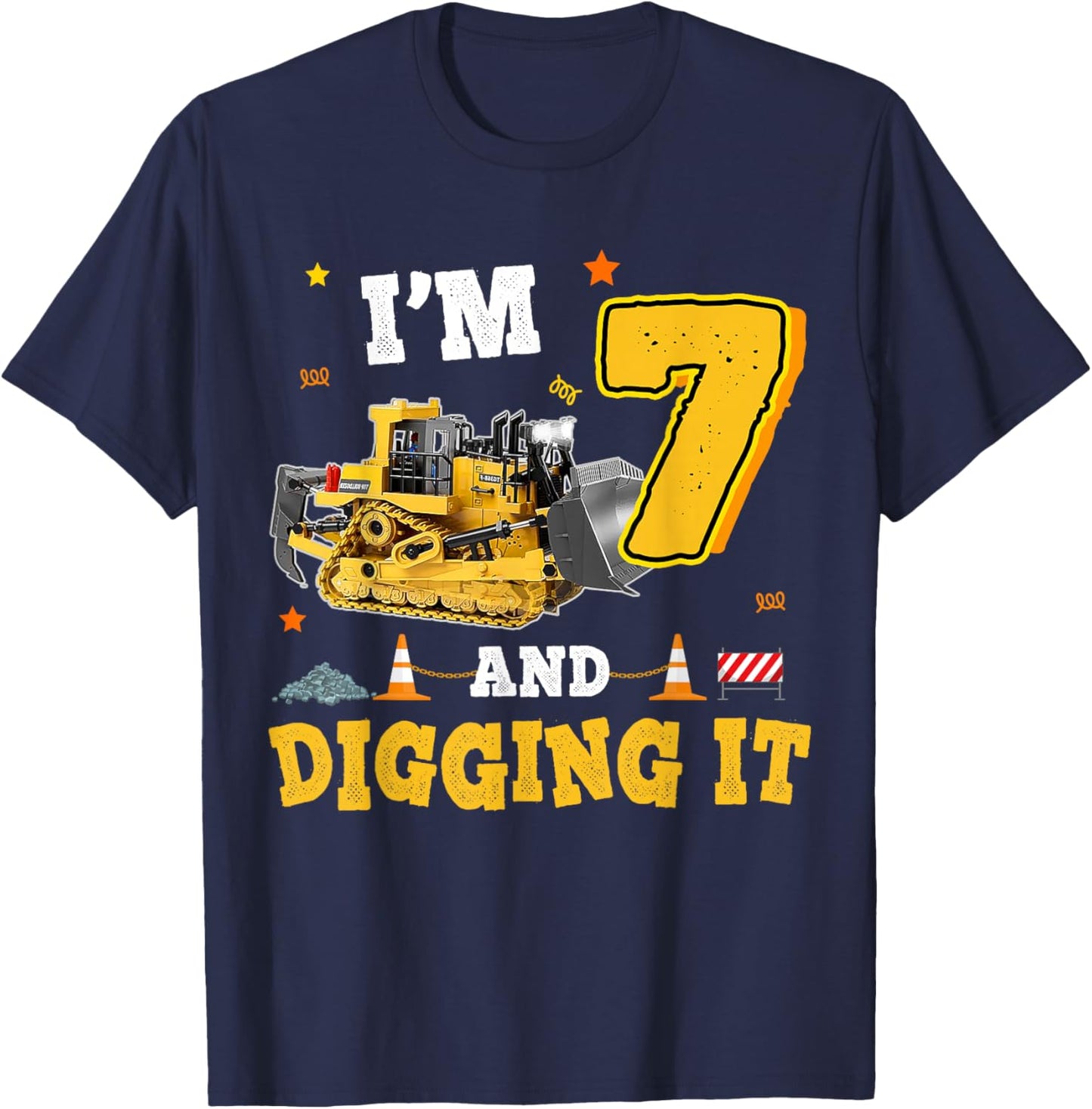 7th Birthday Construction Bulldozer 7yr I'm 7 And Digging It T-Shirt - T-Shirt | Navy