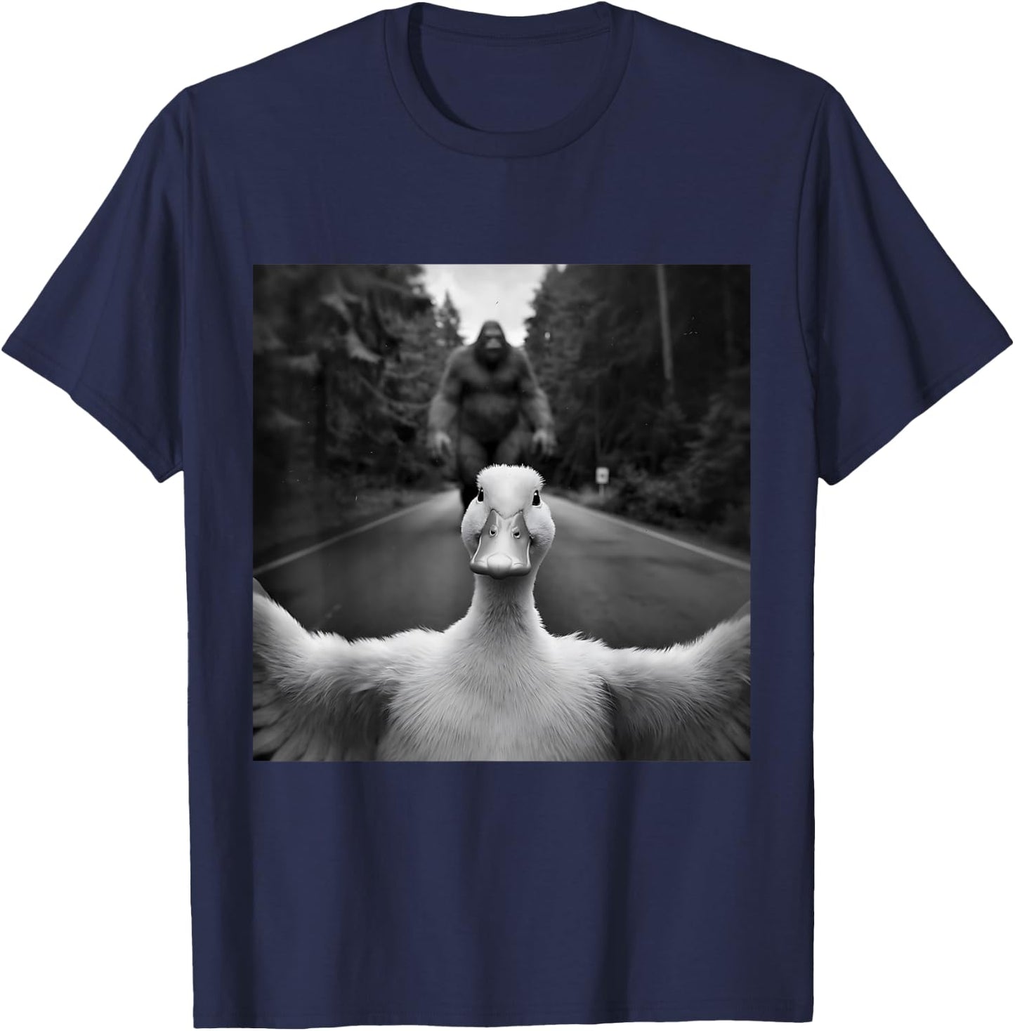 Scared Duck Selfie With Sasquatch Bigfoot, Funny Duck T-Shirt - T-Shirt | Navy