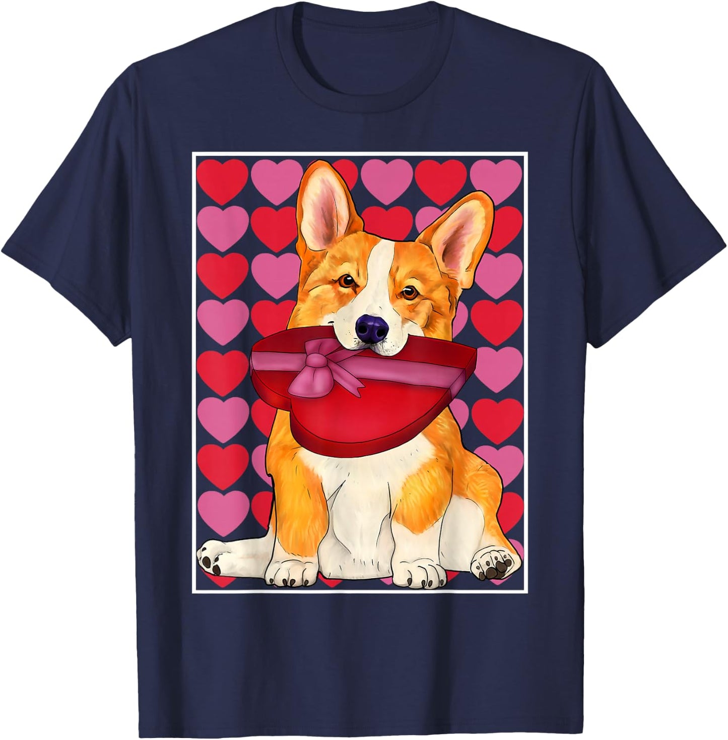 Corgi with heart shaped box of chocolates Valentine's shirt T-Shirt - T-Shirt | Navy