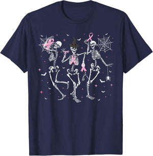 Pink Ribbon Halloween Breast Cancer Awareness Skeleton T-Shirt - T-Shirt | Navy