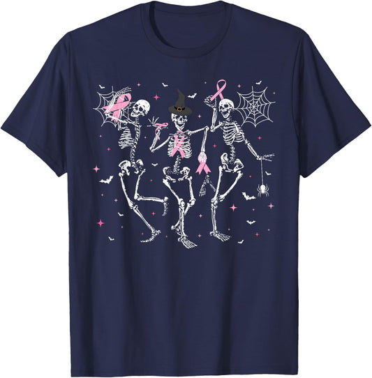 Pink Ribbon Halloween Breast Cancer Awareness Skeleton T-Shirt - T-Shirt | Navy