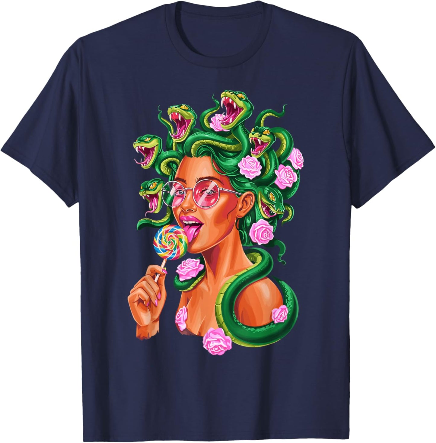 Cool Modern Medusa Snakes Greek Mythology Feminist Lollipop T-Shirt - T-Shirt | Navy