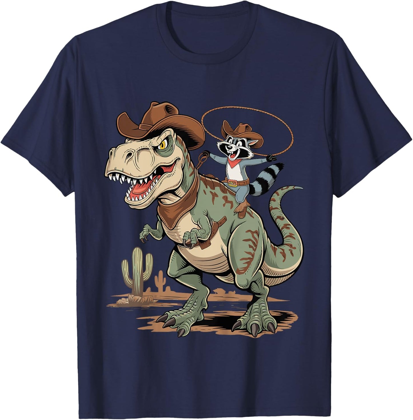 Kids Kids Raccoon Cowboy Riding T-Rex Trash Panda Western Country T-Shirt - T-Shirt | Navy