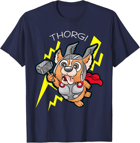 Thorgi | Corgi Thor Thunder Lightning Cartoon Gift T-Shirt - T-Shirt | Navy