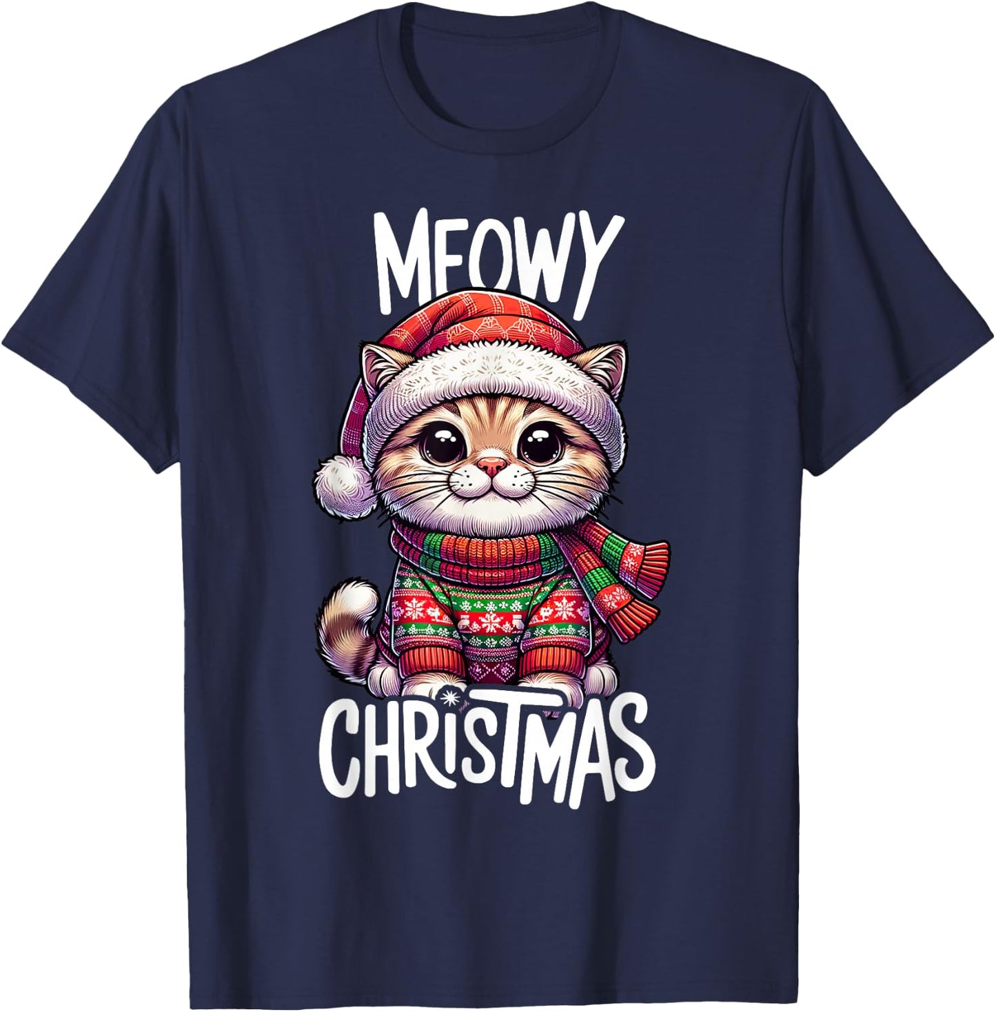 Meowy Christmas Cat Lover Funny Festive Holidays Cute Kitten Men Women Kids T-Shirt - T-Shirt | Navy