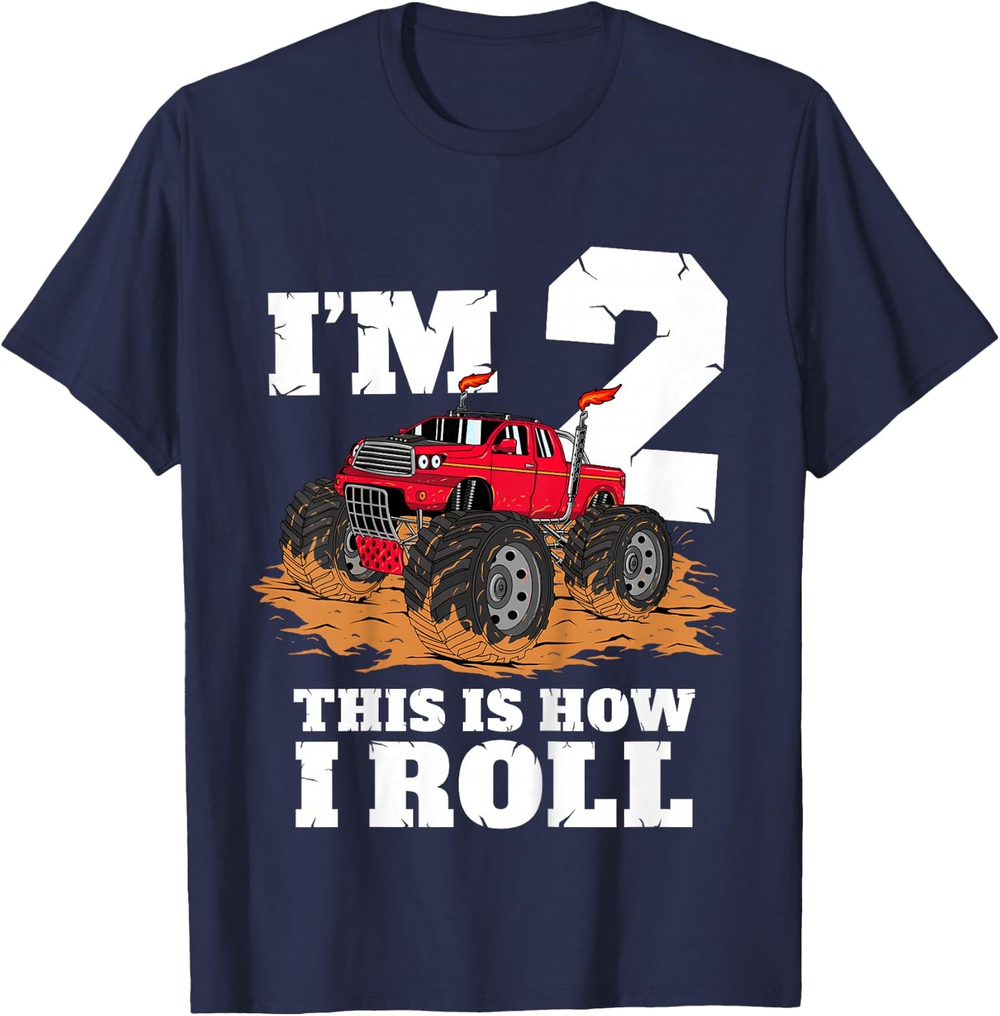Kids Monster Truck 2nd Birthday Boy 2 Two Year Old Toddler T-Shirt - T-Shirt | Navy