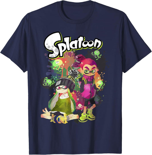 Splatoon Inkling Duo Paint Splatter Poster T-Shirt - T-Shirt | Navy