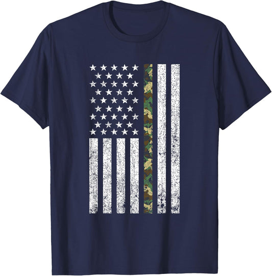 Thin Green Line Military Army Camo American Flag T Shirt T-Shirt - T-Shirt | Navy
