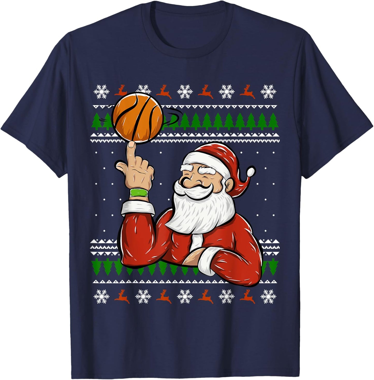 Santa Playing Basketball | Christmas Ugly Sweater T-Shirt - T-Shirt | Navy