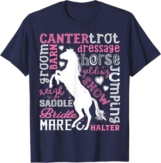 Horse Typography Word Art Girls Horseback Riding Equestrian T-Shirt - T-Shirt | Navy