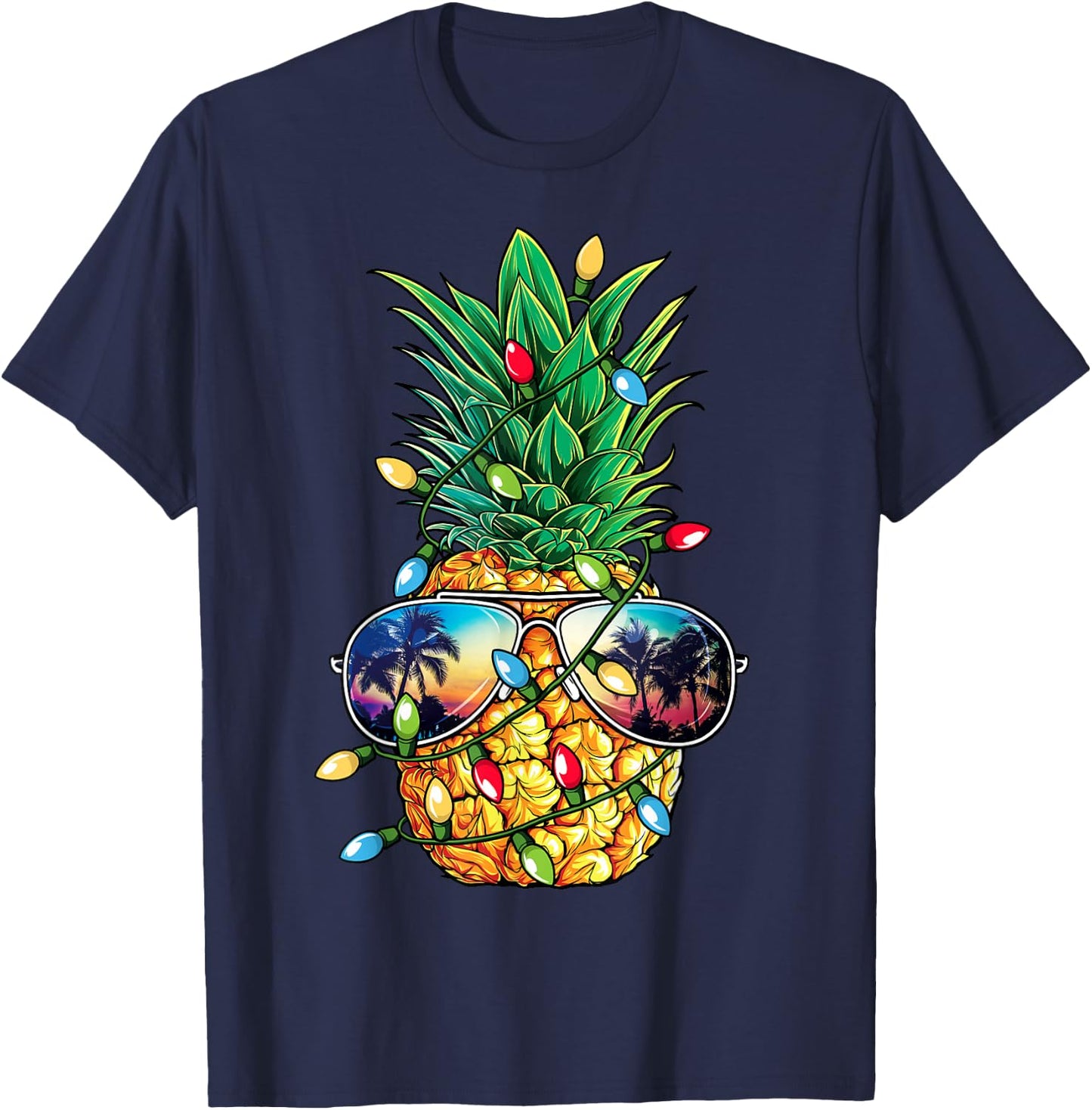 Pineapple Christmas Tree Lights Xmas Women Boys Sunglasses T-Shirt - T-Shirt | Navy