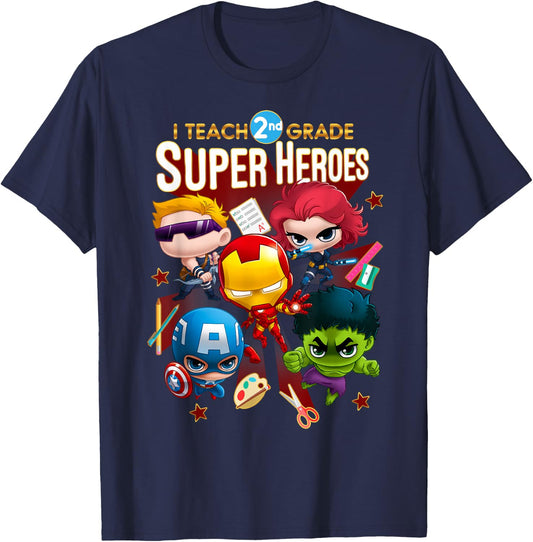 Marvel Group Shot I Teach 2nd Grade Super Heroes T-Shirt - T-Shirt | Navy