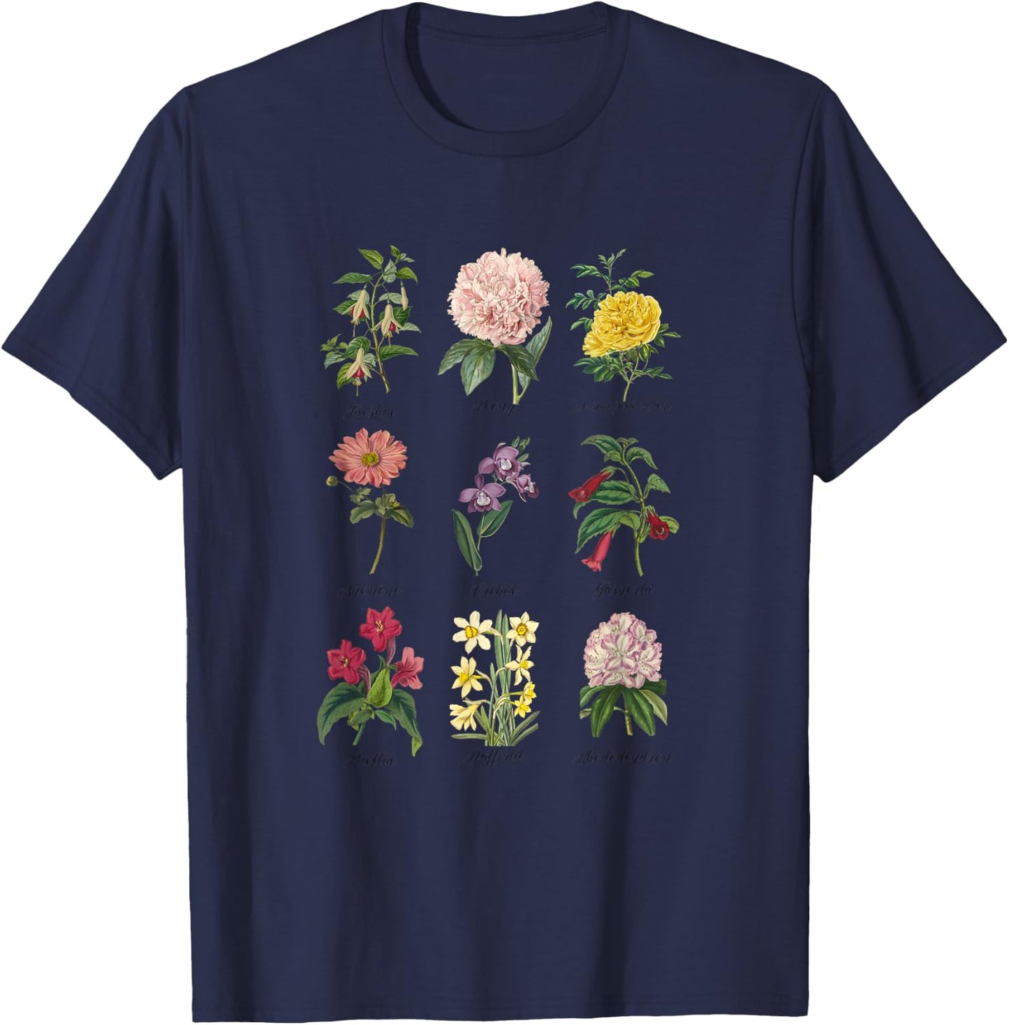 Vintage Botanical Floral Flower , White T-Shirt - T-Shirt | Navy