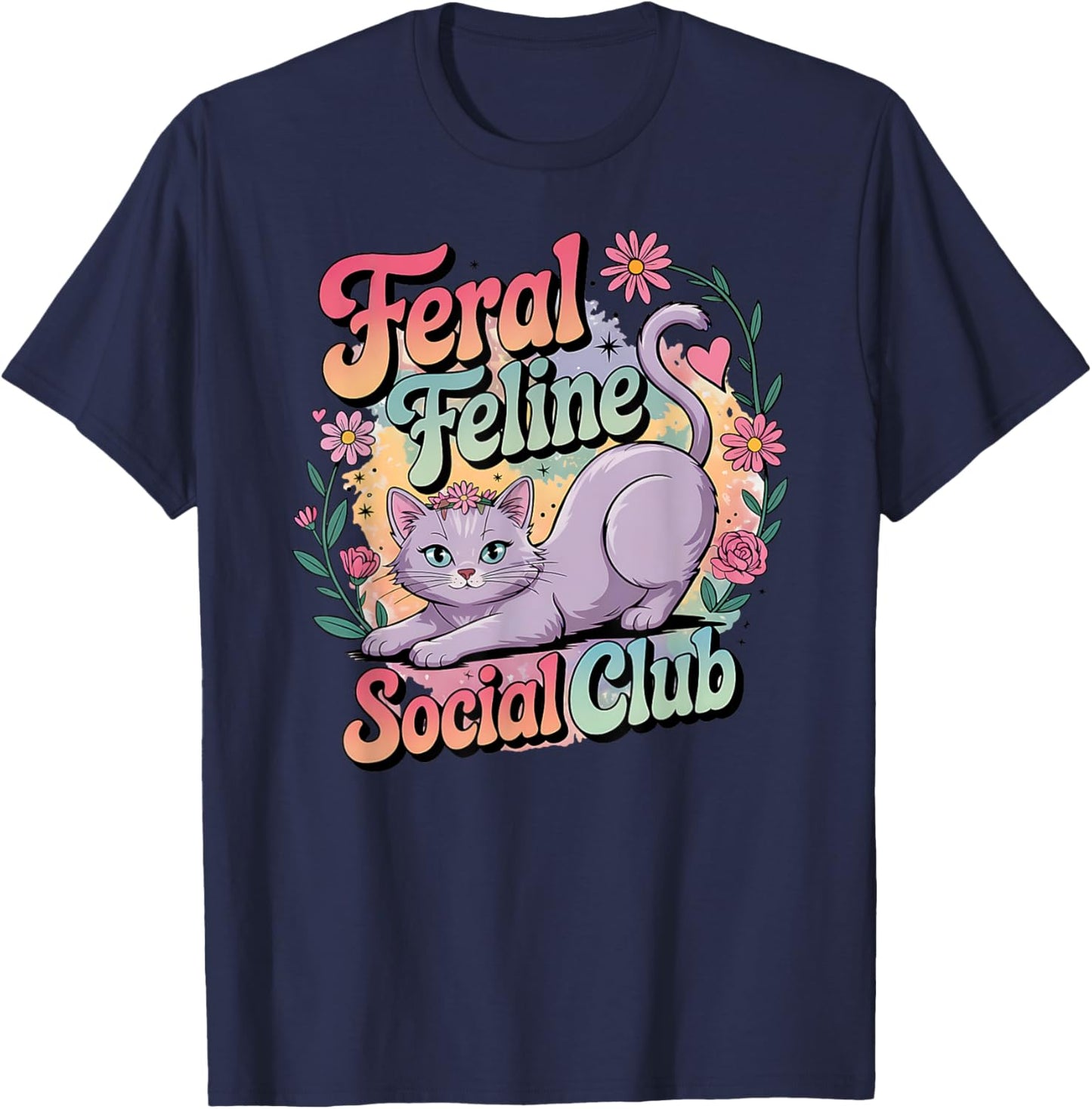 Feral Feline Social Club Pastel Cat & Girls T-Shirt - T-Shirt | Navy