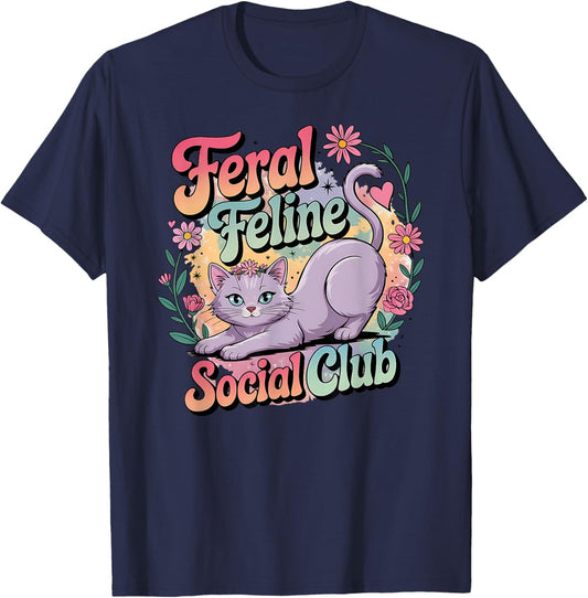 Feral Feline Social Club Pastel Cat & Girls T-Shirt - T-Shirt | Navy