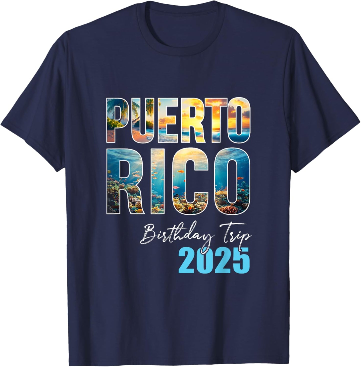 Puerto Rico Birthday Trip 2025 Cruise - -Adults/Kids - Black - Small - Short Sleeve - - - Cruise-Themed T-Shirt - T-Shirt | Navy