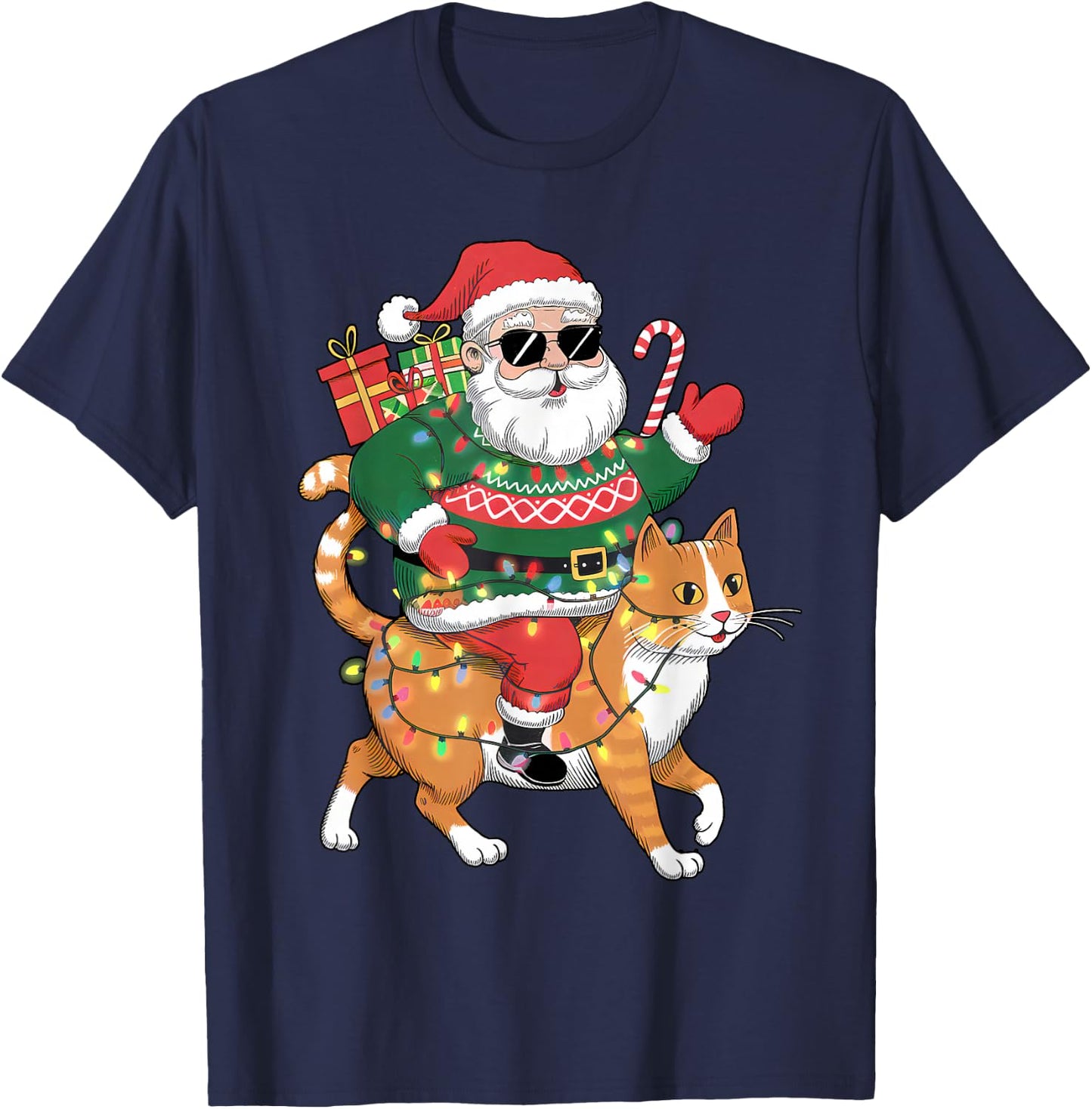 Merry Christmas Santa Claus Riding Cat Funny Christmas T-Shirt - T-Shirt | Navy