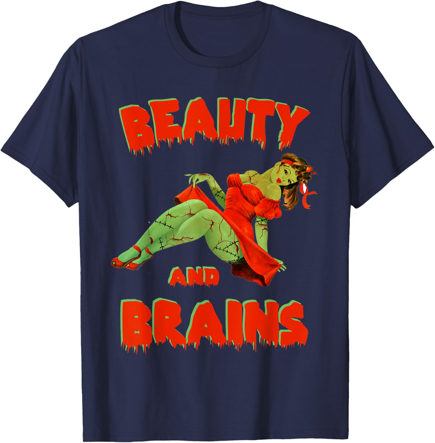 Zombie Pin Up Girl Halloween Beauty Brains Model Cute T-Shirt - T-Shirt | Navy