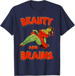 Zombie Pin Up Girl Halloween Beauty Brains Model Cute T-Shirt - T-Shirt | Navy