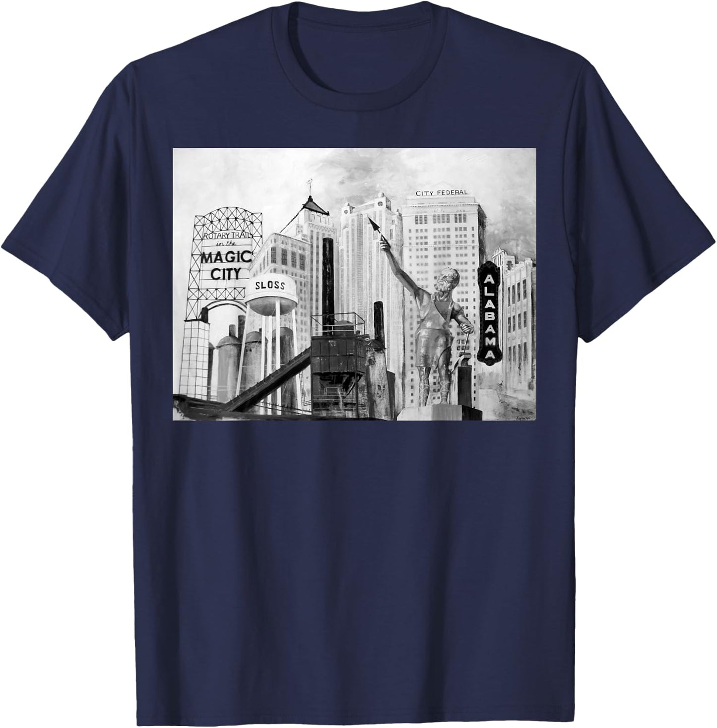 Landmarks of Birmingham, Alabama incl Vulcan, Sloss Furnaces T-Shirt - T-Shirt | Navy
