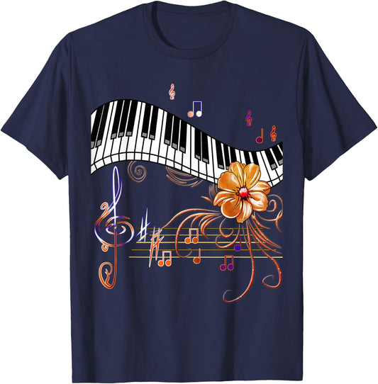 Piano Musically Keyboard Gold Flower T-Shirt - T-Shirt | Navy