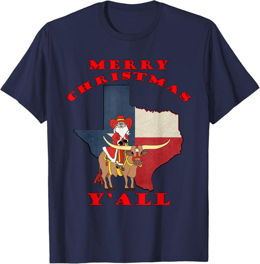 Texas Merry Christmas Y'all Santa On Bull Design T-Shirt - T-Shirt | Navy