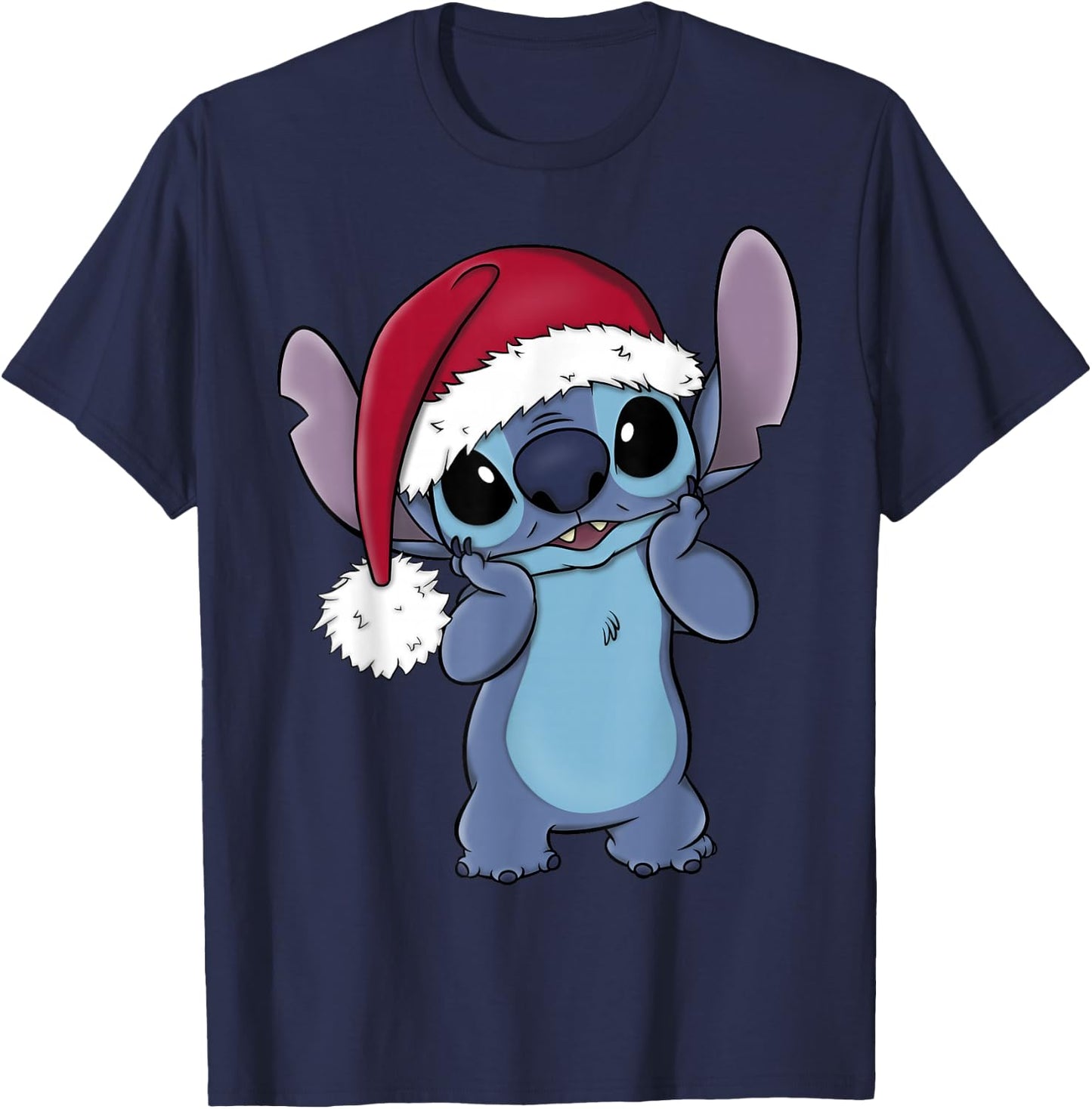 Disney Lilo & Stitch Christmas Santa Hat Stitch Portrait Short Sleeve Black T-Shirt - T-Shirt | Navy