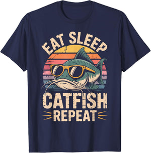 Eat Sleep Catfish Repeat Fishing T-Shirt - T-Shirt | Navy