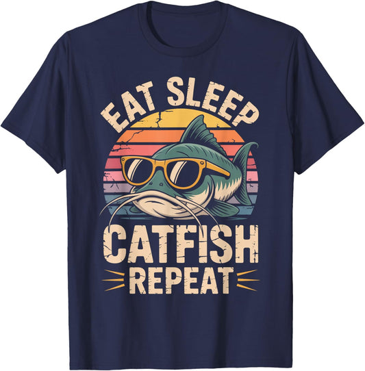 Eat Sleep Catfish Repeat Fishing T-Shirt - T-Shirt | Navy