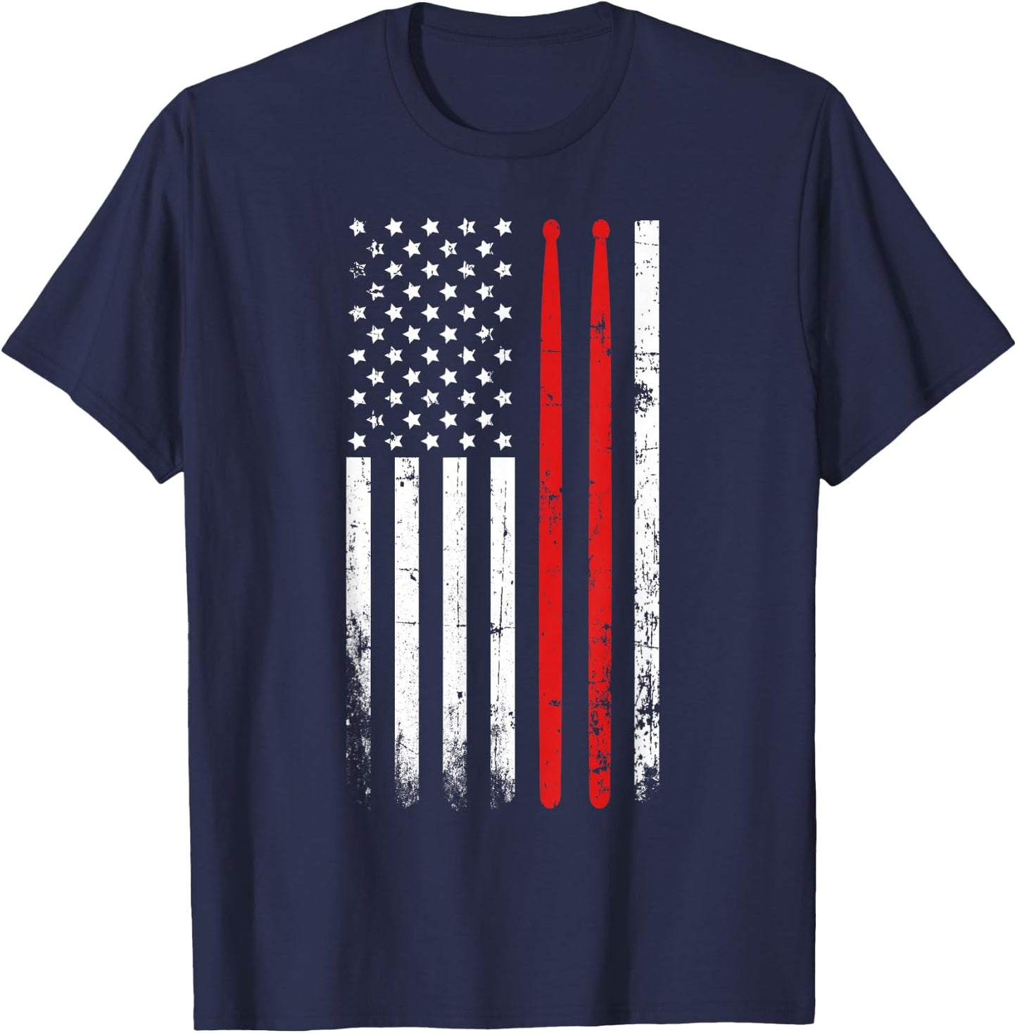 Drum Sticks on a Vintage American Flag for Drummers T-Shirt - T-Shirt | Navy