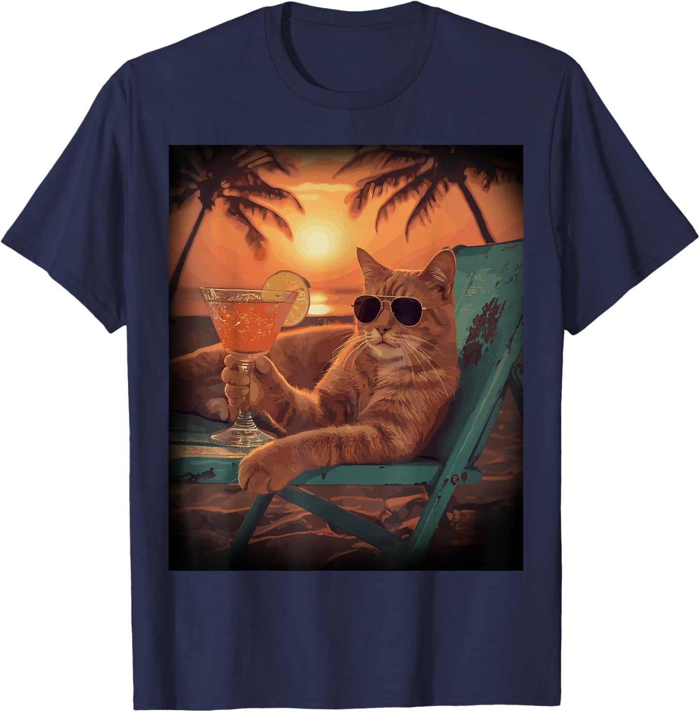 Chillin Cat Vacation Sun Glasses Beach Palm Tree T-Shirt - T-Shirt | Navy