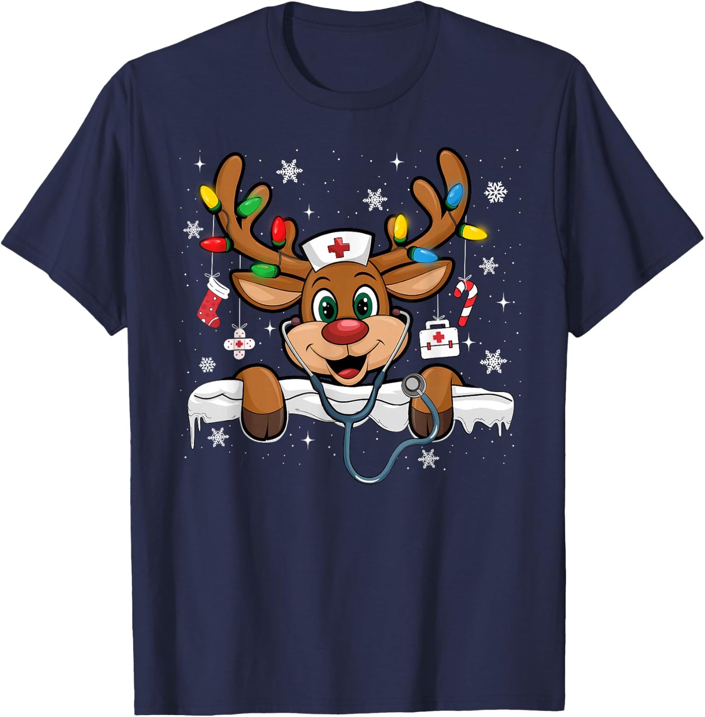 Nurse Christmas Reindeer Nursing NICU RN LPN Scrub T-Shirt - T-Shirt | Navy