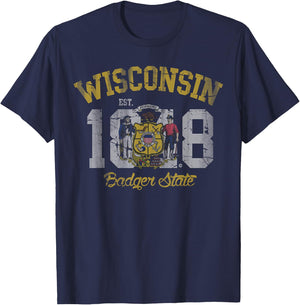 Wisconsin Badger State Flag Vintage Fade T-Shirt - T-Shirt | Navy
